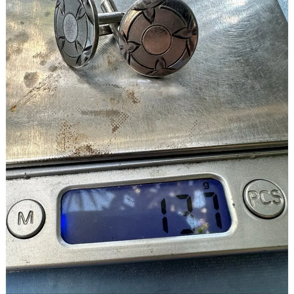 Vintage Sterling Silver Cufflinks Art Deco Etched Round Floral Geometric 925